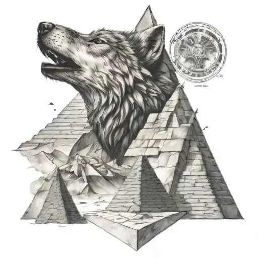 A futuristic wolf howling at a pyramid tattoo design idea