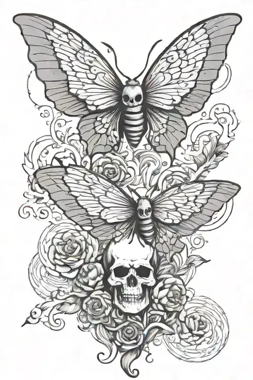 moths and skulls on wings, ocean, waves crashing tattoo design idea