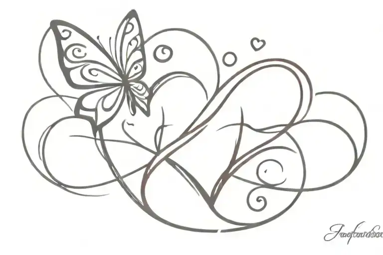 An infinity symbol with 5 hearts, with a butterfly  tattoo design idea