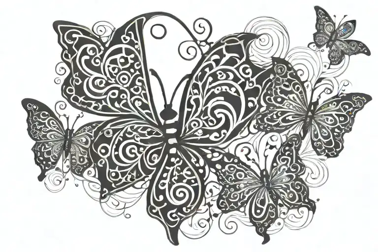 A stylized infinity symbol with 5 hearts inside, morphing into a butterfly in a blackwork design tattoo design idea