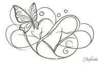 An infinity symbol with 5 hearts, with a butterfly  tattoo design idea