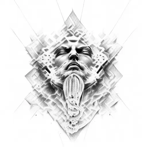 Statue of face, bottom half realistic style, top half cartoon style tattoo design idea