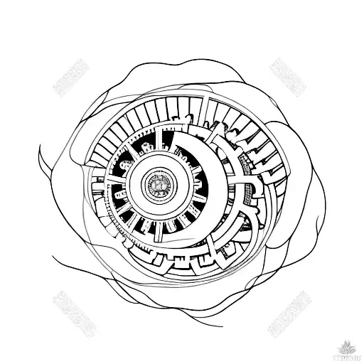 A minimalist tattoo of a mechanical gear with the Fibonacci sequence subtly incorporated into the design tattoo design idea