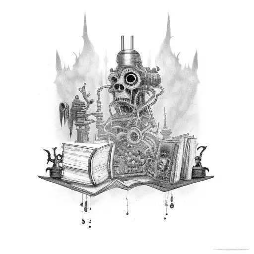 A bookshelf filled with horror movies and steampunk-themed books tattoo design idea