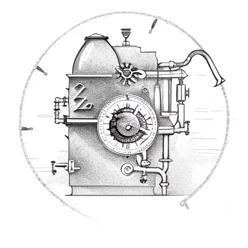 A steampunk-inspired coffee machine with gears and pipes tattoo design idea