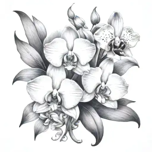 April 14, 1944 and April 11, 1938 in Roman numerals and surrounded by amaryllises and orchids tattoo design idea