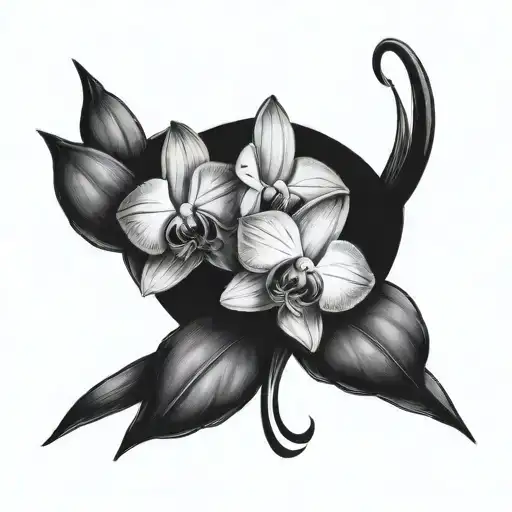 April 14, 1944 and April 11, 1938 in Roman numerals and surrounded by amaryllises and orchids tattoo design idea