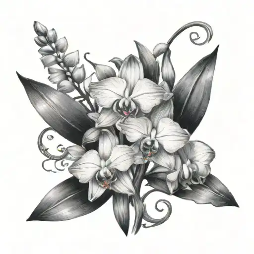 April 14, 1944 and April 11, 1938 in Roman numerals and surrounded by amaryllises and orchids tattoo design idea