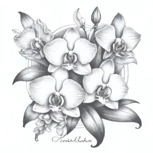 April 14, 1944 and April 11, 1938 in Roman numerals and surrounded by amaryllises and orchids tattoo design idea