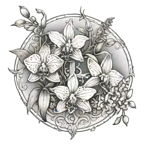 April 14, 1944 and April 11, 1938 in Roman numerals surrounded by amaryllises and orchids tattoo design idea