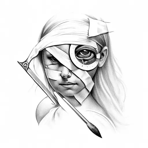 A girl sits murdered with bandaged eyes in the Greek style with a wheel of fortune at her feet, with a spear in her ches tattoo design idea