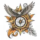 Time clock, compass, bird wing tattoo sketch style tattoo tattoo design idea