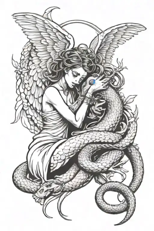 Angel Kissing Succubus surounded by a snake tattoo design idea