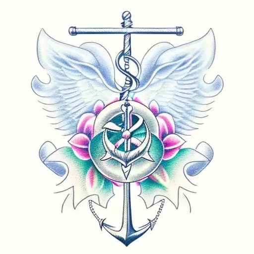 angel wing with anchor and tulips tattoo design idea