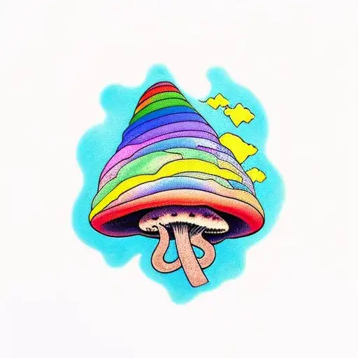 Rainbow + mushrooms + trippy + many colors tattoo design idea