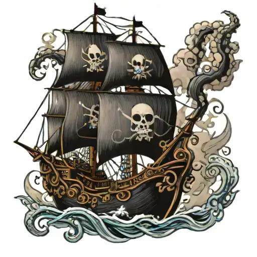 black pearl pirate ship with kraken attacking tattoo design idea