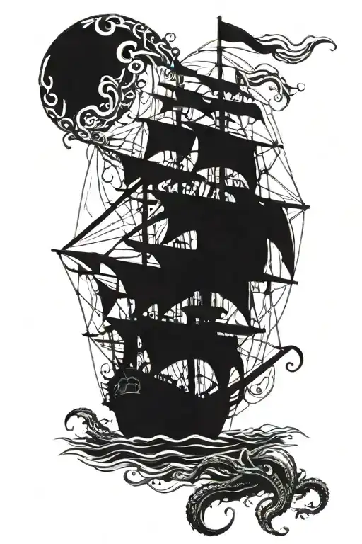 black pearl from pirates of the Caribbean with kraken submerging it tattoo design idea
