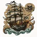 black pearl pirate ship with kraken attacking tattoo design idea