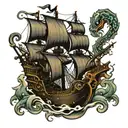 black pearl pirate ship with kraken attacking tattoo design idea