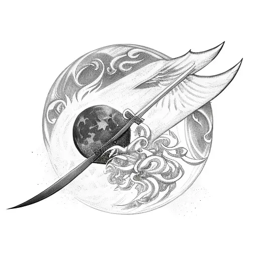 phoenix, moon, sun, sword, crown tattoo design idea