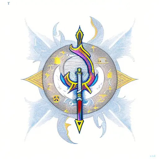 phoenix, moon, sun, sword, crown tattoo design idea