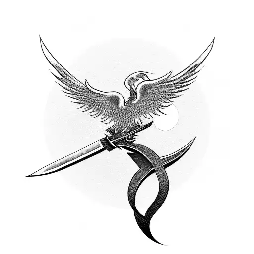 phoenix, moon, sun, sword, crown tattoo design idea