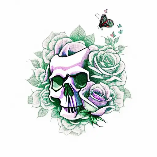 skull buried under roses and butterflies  tattoo design idea