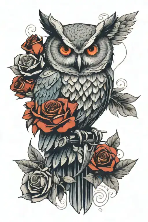 An owl with rather large, luminous blue eyes stands on an AKM weapon, its wings flaming and behind it are red roses. tattoo design idea