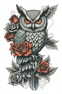 An owl with rather large, luminous blue eyes stands on an AKM weapon, its wings flaming and behind it are red roses. tattoo design idea