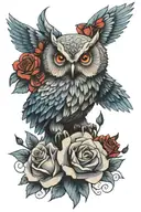 An owl with rather large, luminous blue eyes stands on an AKM weapon, its wings flaming and behind it are red roses. tattoo design idea