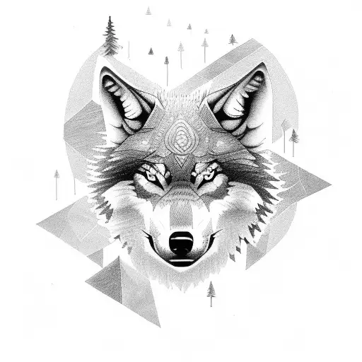 A pack of wolves in a dotwork style, running through a forest with Viking symbols hidden in the trees tattoo design idea