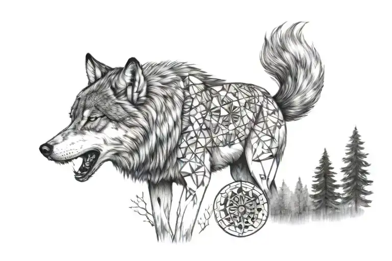 wolf in the center of the chest with treeline in black and white and left and rigth romanian ornamental geometrics tattoo design idea