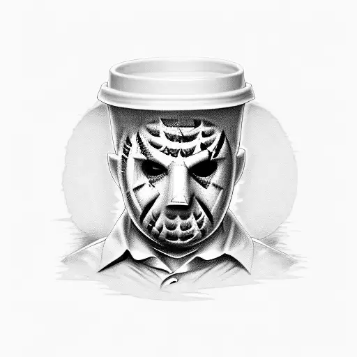 A coffee cup with a stock market graph wrapping around it, with a hidden image of Jason Voorhees lurking in the steam tattoo design idea