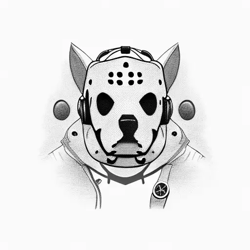 A detailed portrait of a dog wearing a Jason Voorhees mask, with gaming controller buttons incorporated into the background tattoo design idea