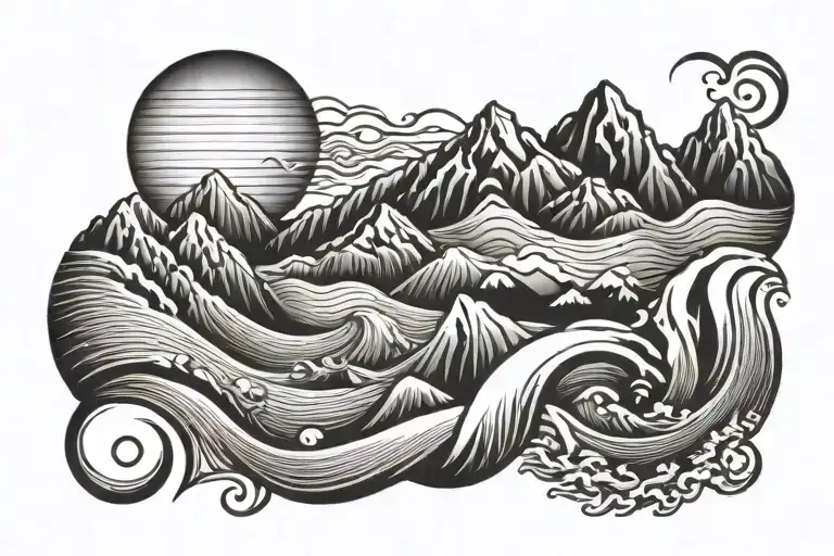 sun wave and mountains tattoo design idea