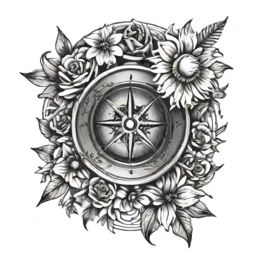 moon and stars with flowers and a compass surrounded tattoo design idea