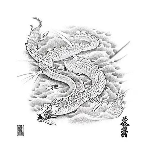 6 peces koi nadando río arriba en el río amarillo y en la cima un pez koi mitad dragón  tattoo design idea