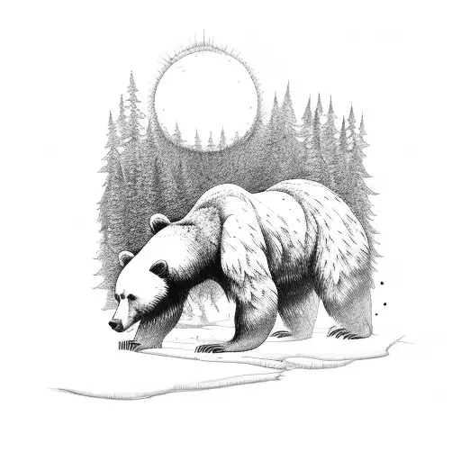 Attacking bear in the forest, at night in the trees tattoo design idea