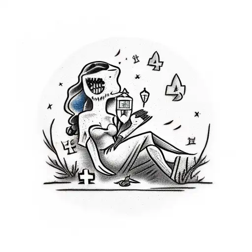 A lonely woman in a cemetery, lying on her husband's grave tattoo design idea