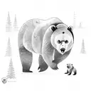 Attacking bear protecting its cubs in the forest, at night in the trees tattoo design idea