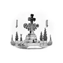 A lonely woman in a cemetery, lying on her husband's grave tattoo design idea