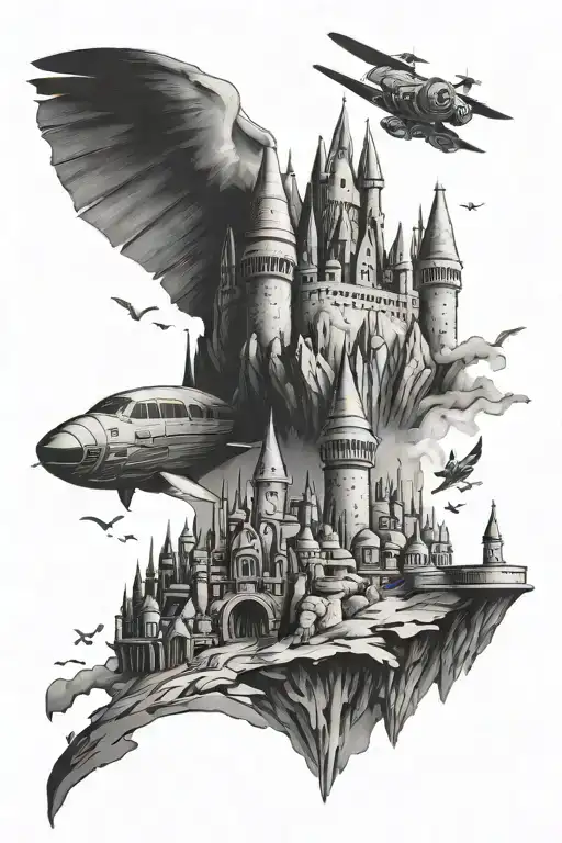 Harry potter castle, Indiana Jones, Star Wars spaceship flying tattoo design idea