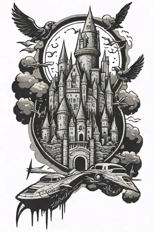 Harry potter castle, Indiana Jones, Star Wars spaceship flying tattoo design idea