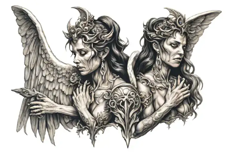 deamon male and angel women whispering behind ears  tattoo design idea