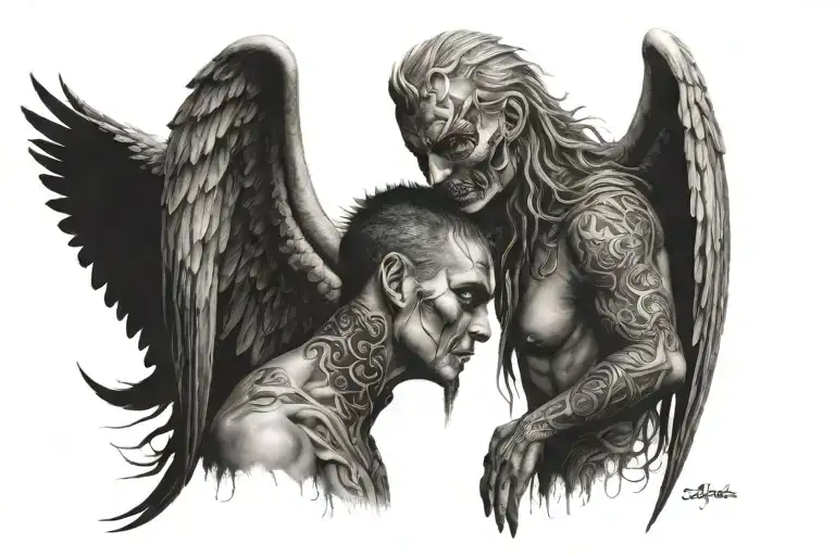 deamon and angel whispering  tattoo design idea