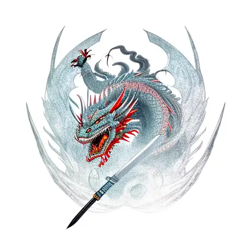 A fierce dragon wrapped around a katana, with a samurai warrior in the background tattoo design idea