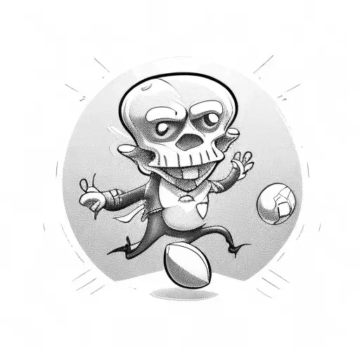 A cartoon character playing football in a dark humor style tattoo design idea