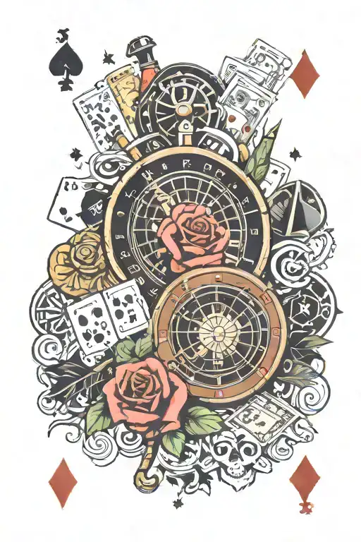 , roulette wheel , bullet, dice, playing cards, casino chips, money, smoke, rose, revolver tattoo design idea