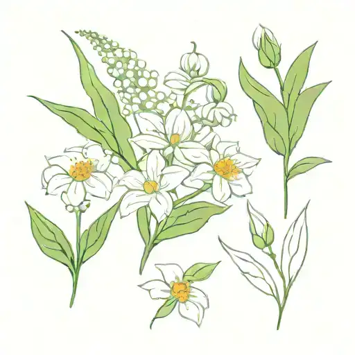 a bouquet of a lily of the valley flower, an aster flower,and a daisy flower tattoo design idea