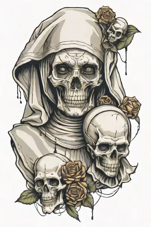 crying nun with puppet skull heads  tattoo design idea